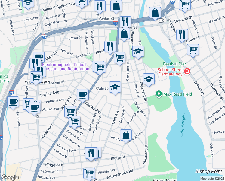 map of restaurants, bars, coffee shops, grocery stores, and more near 18 Highland Street in Pawtucket