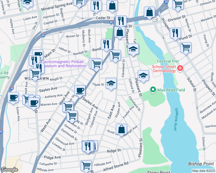 map of restaurants, bars, coffee shops, grocery stores, and more near 18 Highland Street in Pawtucket