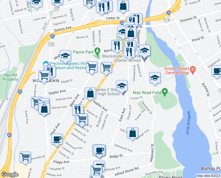 map of restaurants, bars, coffee shops, grocery stores, and more near 42 Waldo Street in Pawtucket