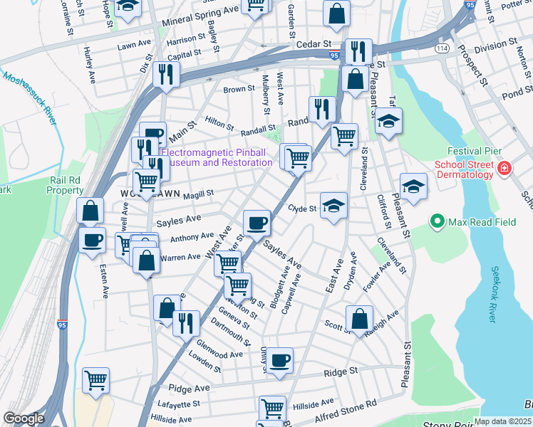 map of restaurants, bars, coffee shops, grocery stores, and more near 81 Dunnell Avenue in Pawtucket