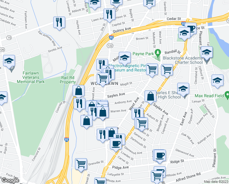map of restaurants, bars, coffee shops, grocery stores, and more near in Pawtucket