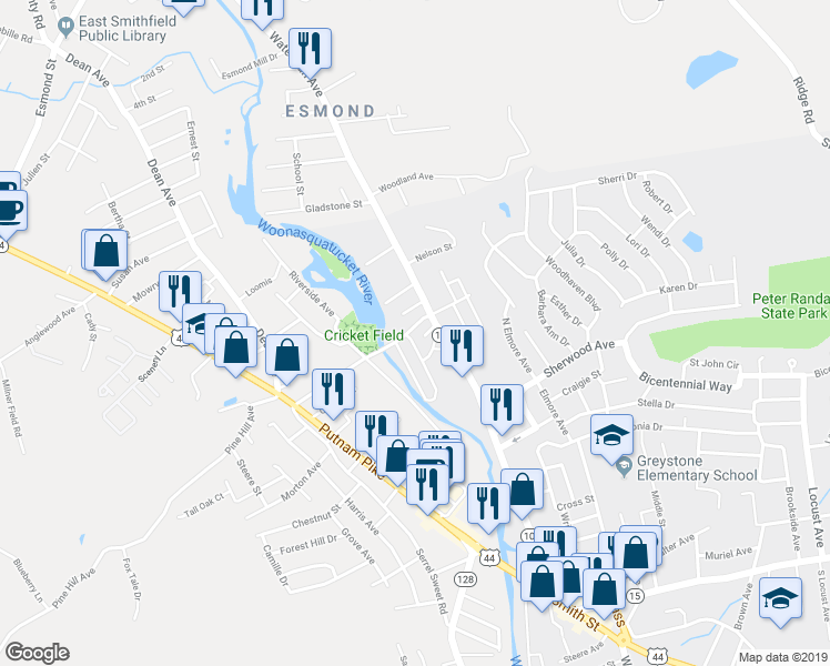 map of restaurants, bars, coffee shops, grocery stores, and more near 16 Beckside Road in North Providence