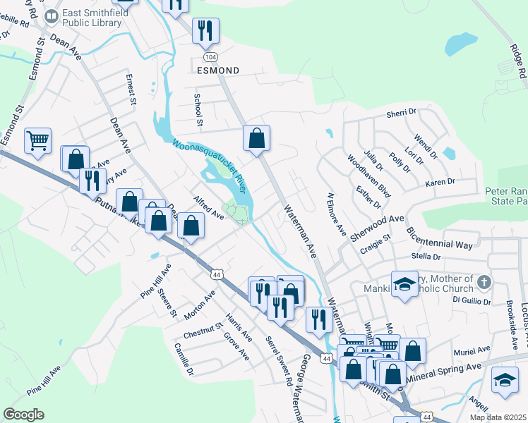 map of restaurants, bars, coffee shops, grocery stores, and more near 16 Beckside Road in North Providence
