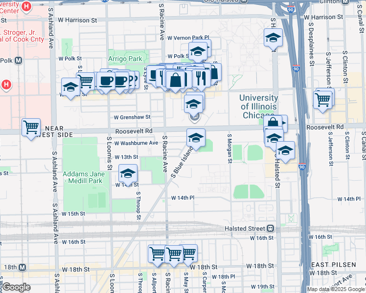 map of restaurants, bars, coffee shops, grocery stores, and more near 1130 West Washburne Avenue in Chicago