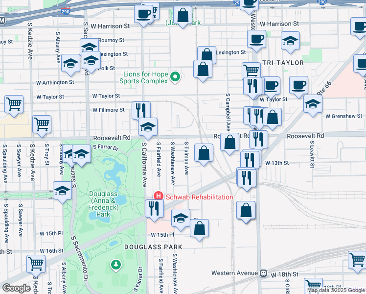 map of restaurants, bars, coffee shops, grocery stores, and more near 2651 Roosevelt Road in Chicago