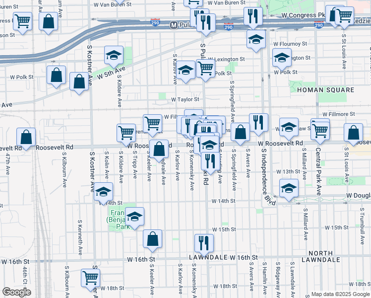 map of restaurants, bars, coffee shops, grocery stores, and more near 1138 South Karlov Avenue in Chicago