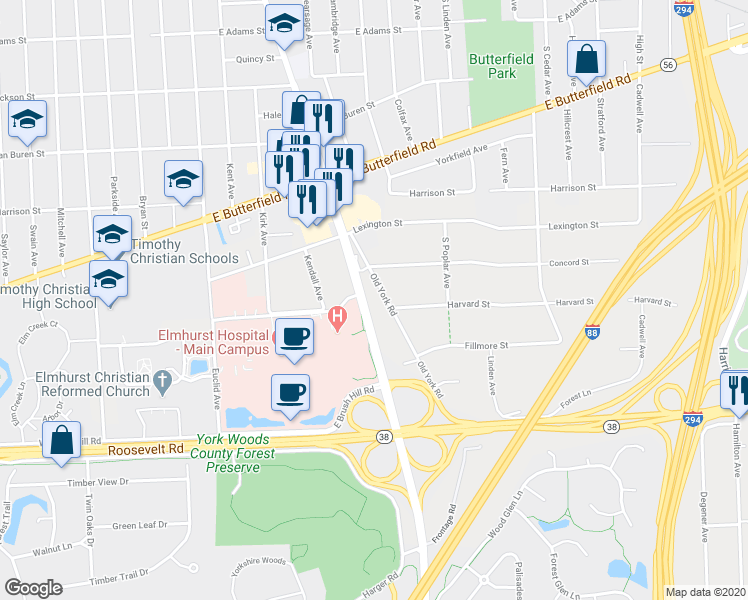 map of restaurants, bars, coffee shops, grocery stores, and more near S537 Old York Road in Elmhurst