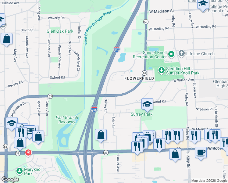 map of restaurants, bars, coffee shops, grocery stores, and more near 645 West Wilson Avenue in Lombard