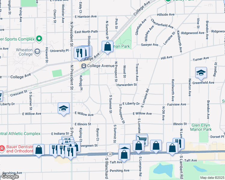 map of restaurants, bars, coffee shops, grocery stores, and more near 202 North Prospect Street in Wheaton
