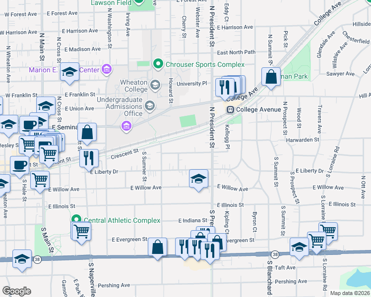 map of restaurants, bars, coffee shops, grocery stores, and more near 804 Crescent Street in Wheaton