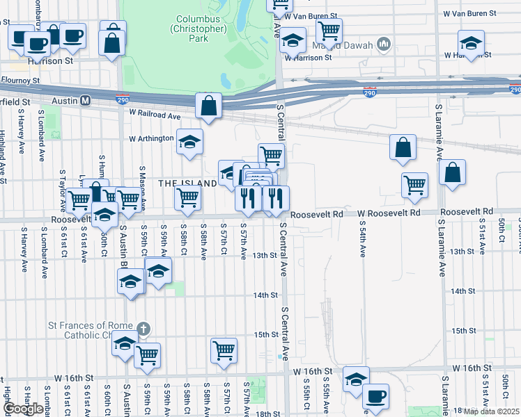 map of restaurants, bars, coffee shops, grocery stores, and more near 5626 W Roosevelt Rd in Chicago