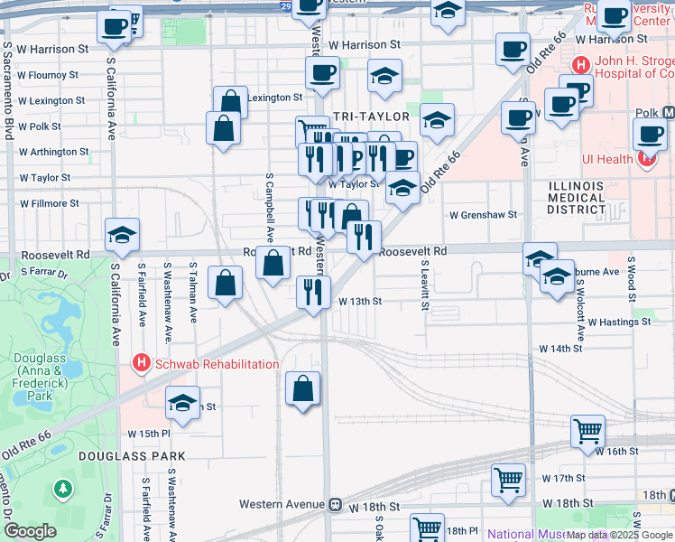 map of restaurants, bars, coffee shops, grocery stores, and more near 2350 West Ogden Avenue in Chicago
