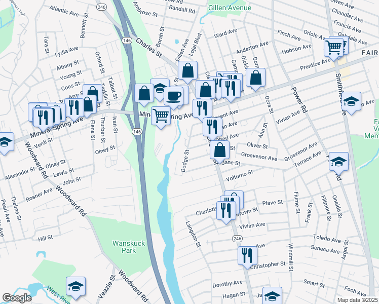 map of restaurants, bars, coffee shops, grocery stores, and more near 208 Obed Avenue in North Providence
