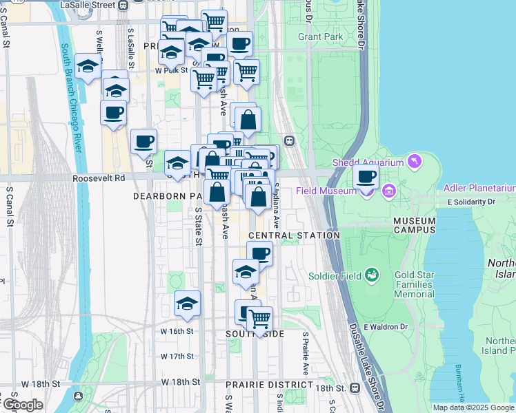 map of restaurants, bars, coffee shops, grocery stores, and more near 1255 South Michigan Avenue in Chicago