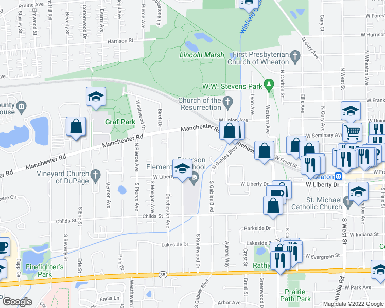 map of restaurants, bars, coffee shops, grocery stores, and more near 217 North Knollwood Drive in Wheaton