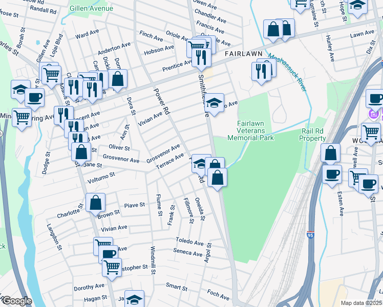 map of restaurants, bars, coffee shops, grocery stores, and more near 70 Grosvenor Avenue in Pawtucket