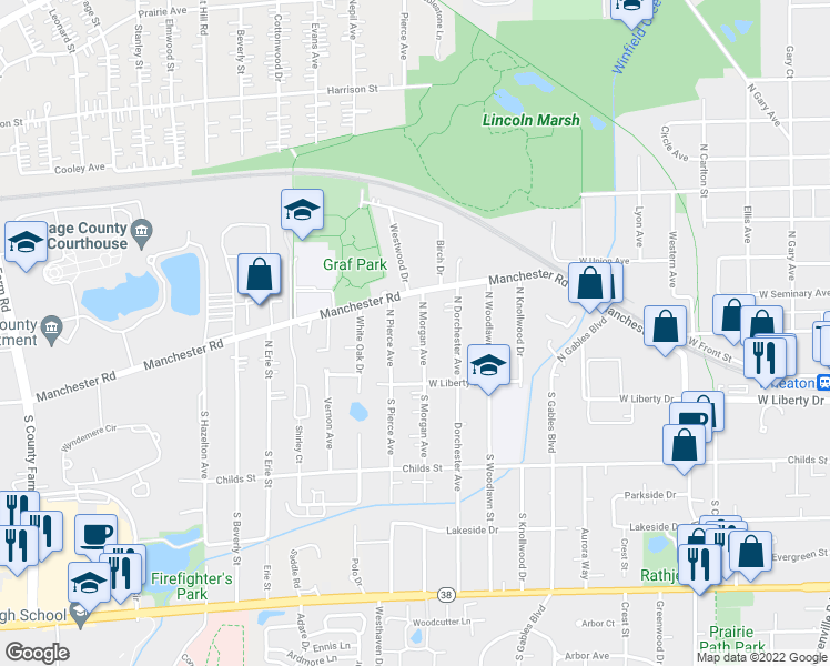 map of restaurants, bars, coffee shops, grocery stores, and more near 206 North Morgan Avenue in Wheaton