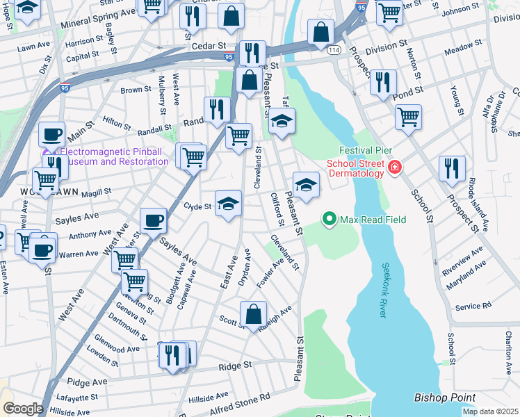 map of restaurants, bars, coffee shops, grocery stores, and more near 60 Rhodes Street in Pawtucket