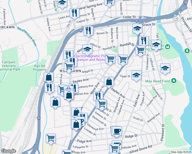 map of restaurants, bars, coffee shops, grocery stores, and more near 64 Magill Street in Pawtucket