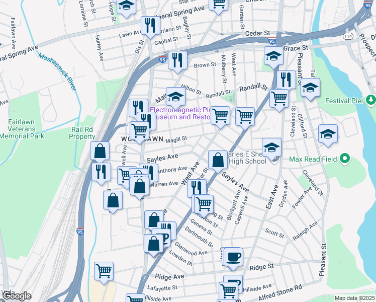 map of restaurants, bars, coffee shops, grocery stores, and more near 64 Magill Street in Pawtucket