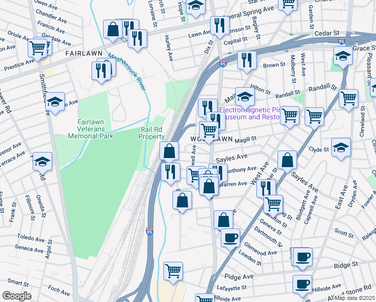 map of restaurants, bars, coffee shops, grocery stores, and more near 157 Sherman Street in Pawtucket