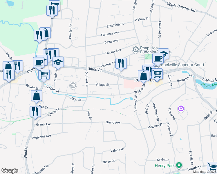 map of restaurants, bars, coffee shops, grocery stores, and more near 46 Village Street in Vernon