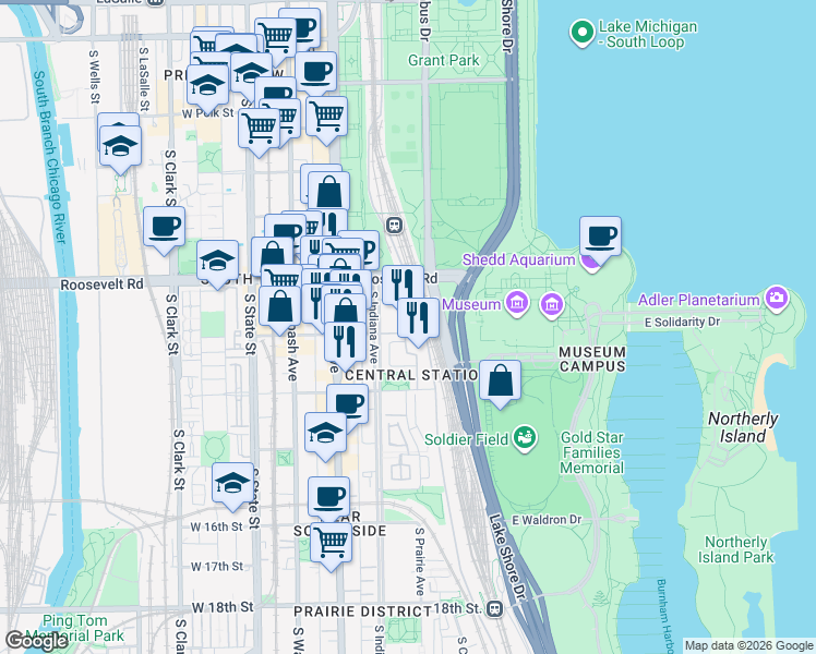 map of restaurants, bars, coffee shops, grocery stores, and more near in Chicago