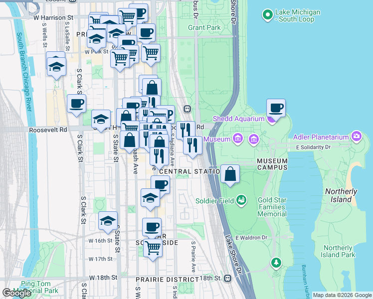 map of restaurants, bars, coffee shops, grocery stores, and more near 1235 South Prairie Avenue in Chicago