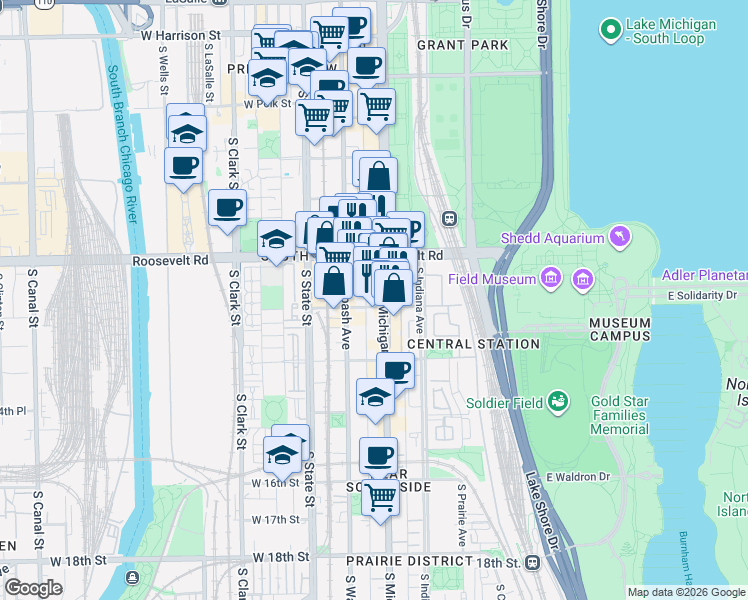 map of restaurants, bars, coffee shops, grocery stores, and more near 1212 Michigan Avenue in Chicago