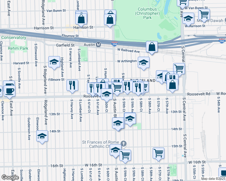 map of restaurants, bars, coffee shops, grocery stores, and more near 1127 South Austin Boulevard in Chicago