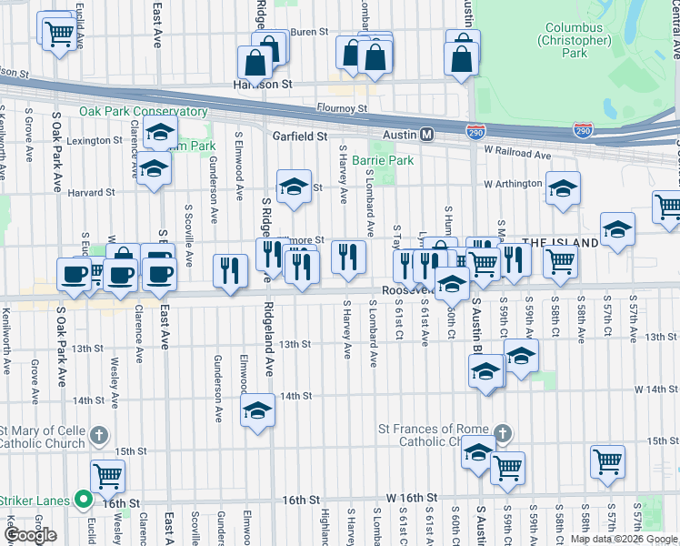 map of restaurants, bars, coffee shops, grocery stores, and more near 1166 South Harvey Avenue in Oak Park