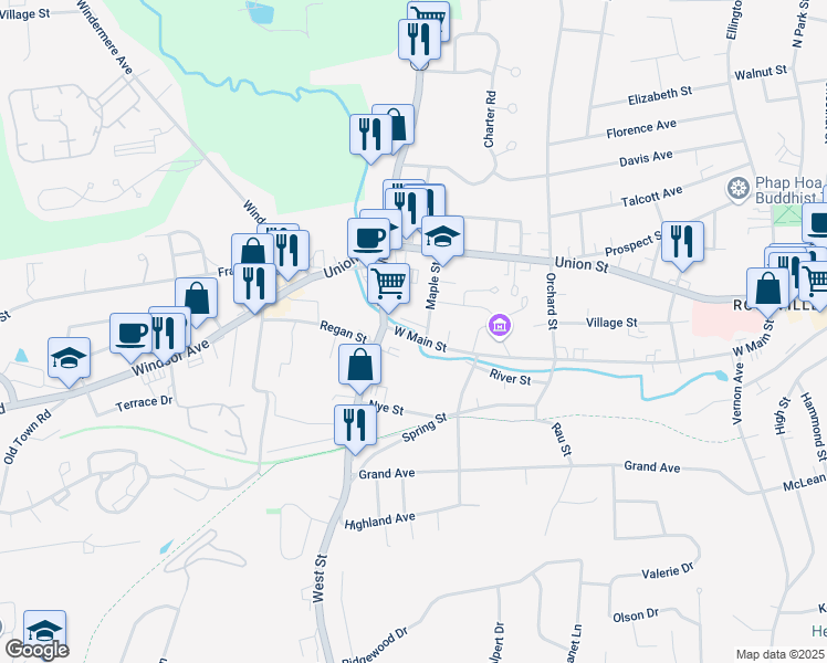 map of restaurants, bars, coffee shops, grocery stores, and more near 240 West Main Street in Vernon