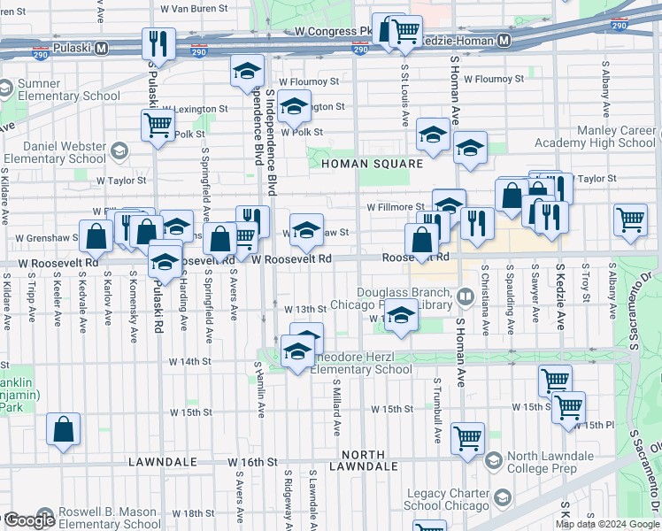 map of restaurants, bars, coffee shops, grocery stores, and more near 3636 Roosevelt Road in Chicago