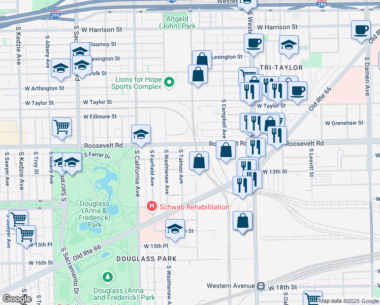 map of restaurants, bars, coffee shops, grocery stores, and more near 2605 Roosevelt Road in Chicago