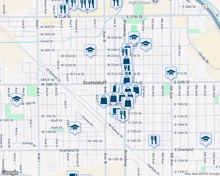 map of restaurants, bars, coffee shops, grocery stores, and more near 112 West 20th Street in Scottsbluff