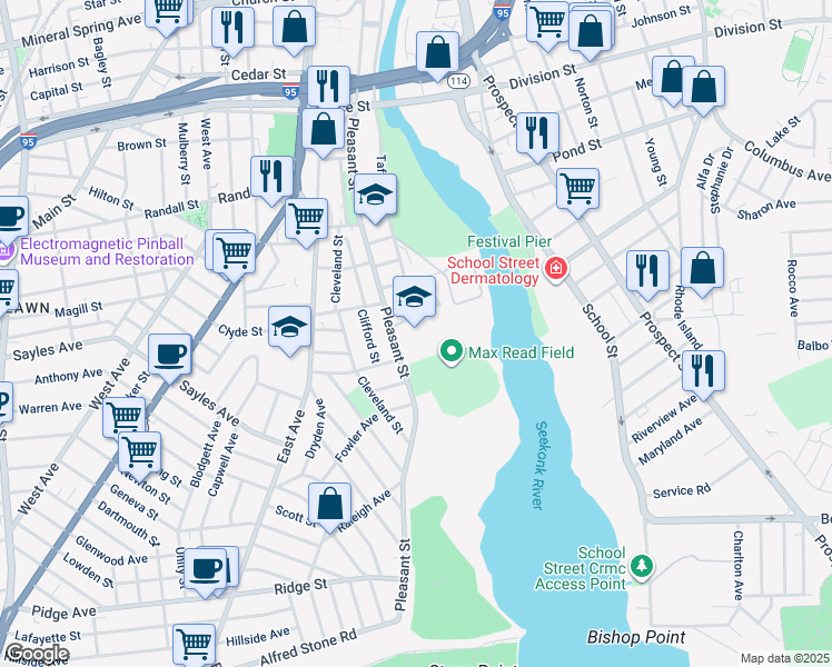 map of restaurants, bars, coffee shops, grocery stores, and more near 486 Pleasant Street in Pawtucket