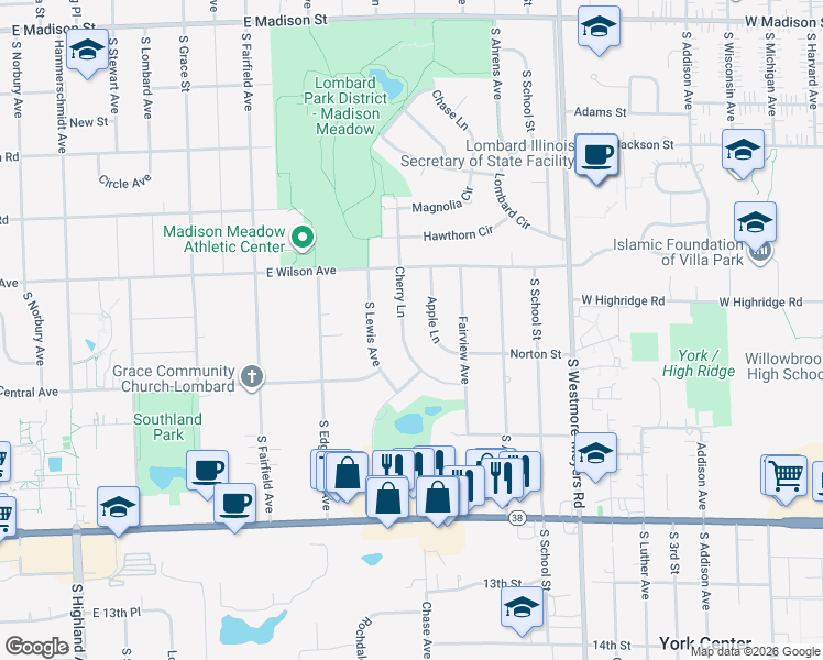 map of restaurants, bars, coffee shops, grocery stores, and more near 1042 Apple Lane in Lombard