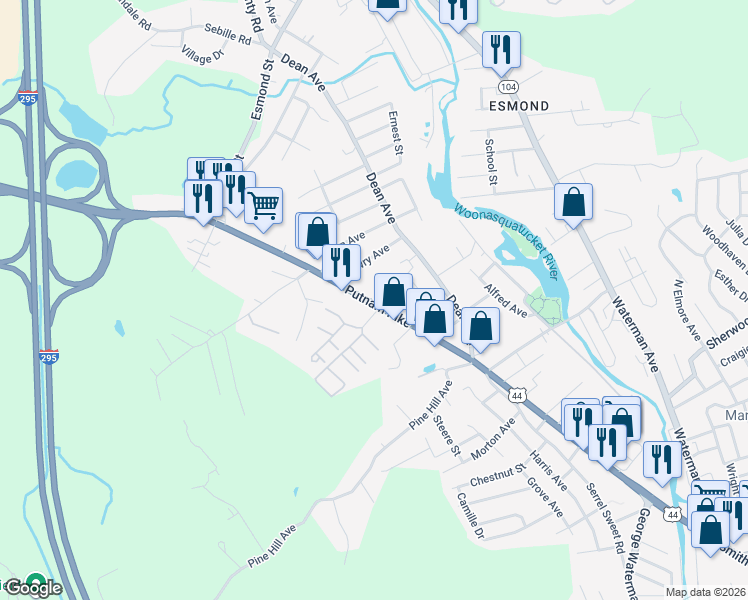 map of restaurants, bars, coffee shops, grocery stores, and more near 181 Putnam Pike in Johnston