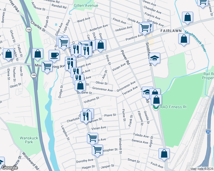 map of restaurants, bars, coffee shops, grocery stores, and more near 26 Lena Street in North Providence