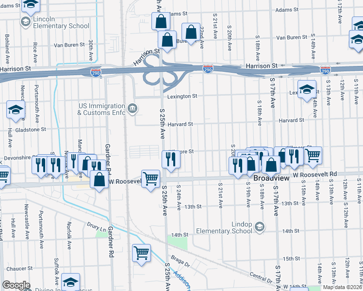 map of restaurants, bars, coffee shops, grocery stores, and more near 2016 South 23rd Avenue in Broadview