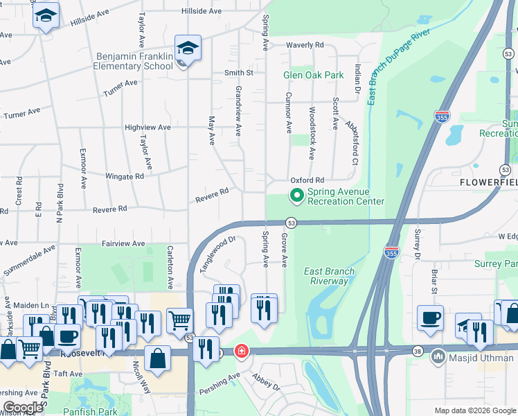 map of restaurants, bars, coffee shops, grocery stores, and more near 192 Spring Avenue in Glen Ellyn