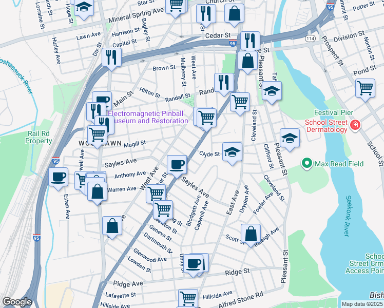 map of restaurants, bars, coffee shops, grocery stores, and more near 326 Pawtucket Avenue in Pawtucket