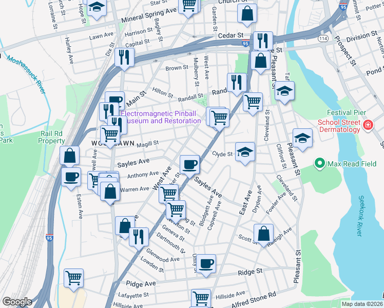 map of restaurants, bars, coffee shops, grocery stores, and more near 81 Dunnell Avenue in Pawtucket