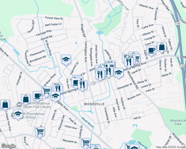map of restaurants, bars, coffee shops, grocery stores, and more near 1 Benjamin Drive in North Providence