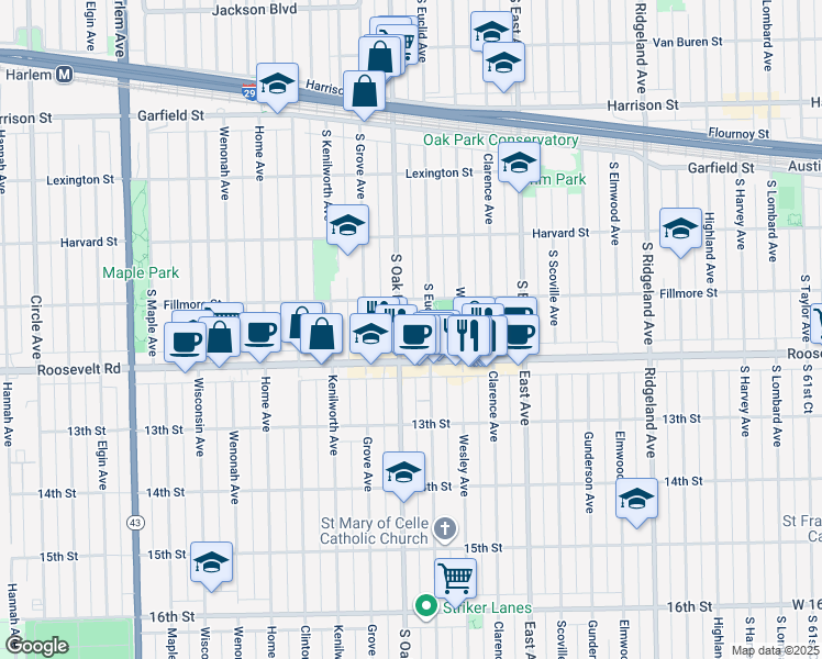 map of restaurants, bars, coffee shops, grocery stores, and more near 1160 South Oak Park Avenue in Oak Park