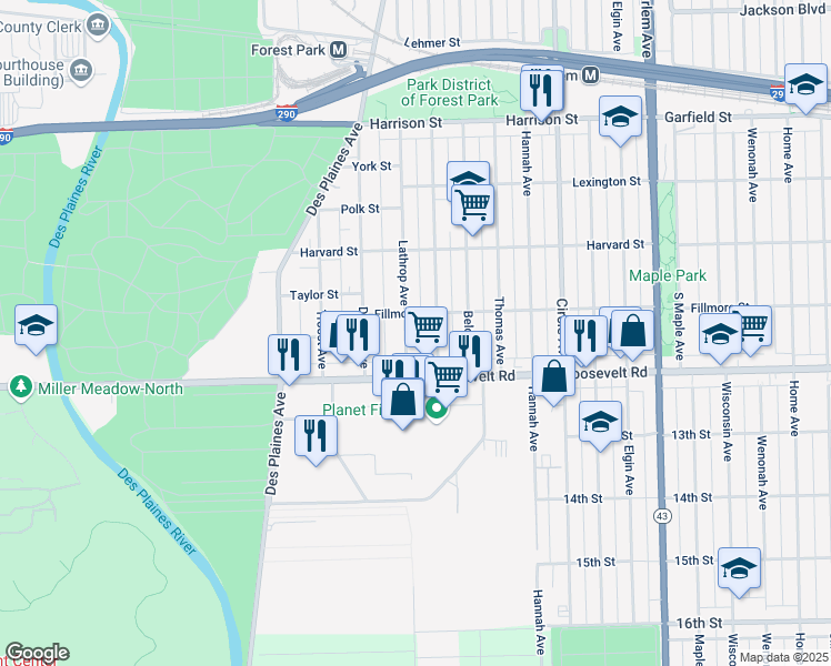 map of restaurants, bars, coffee shops, grocery stores, and more near 1103 Ferdinand Avenue in Forest Park