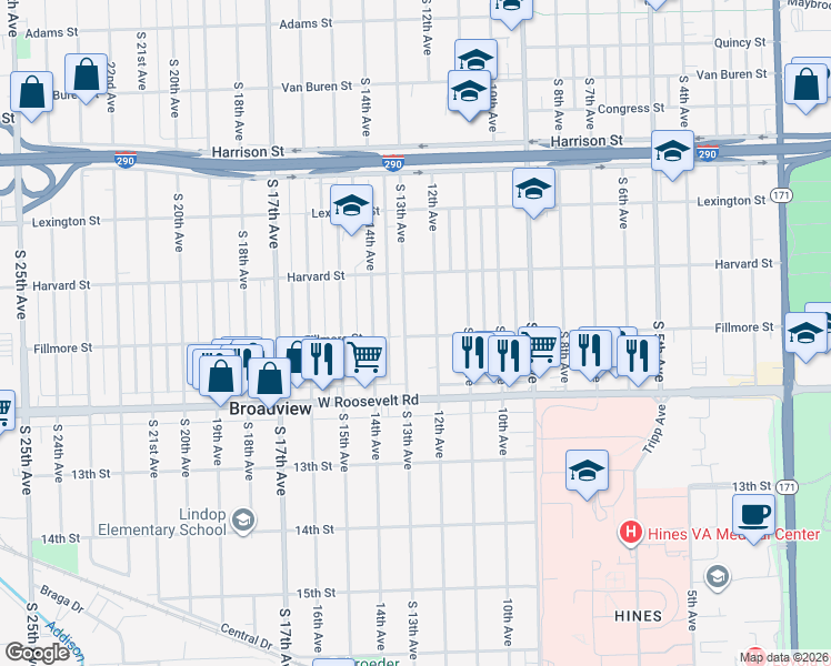 map of restaurants, bars, coffee shops, grocery stores, and more near 2030 12th Avenue in Maywood