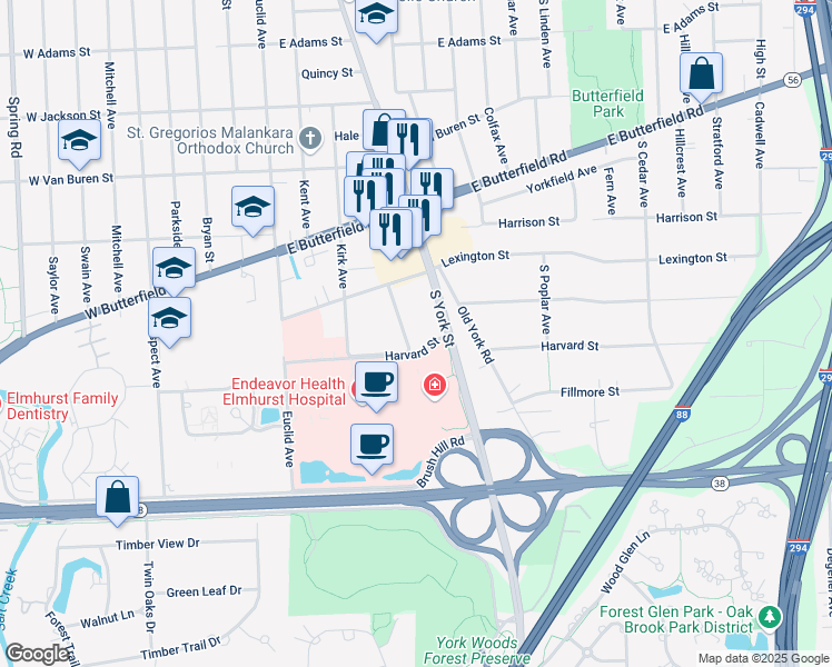 map of restaurants, bars, coffee shops, grocery stores, and more near S540 Kendall Avenue in Elmhurst