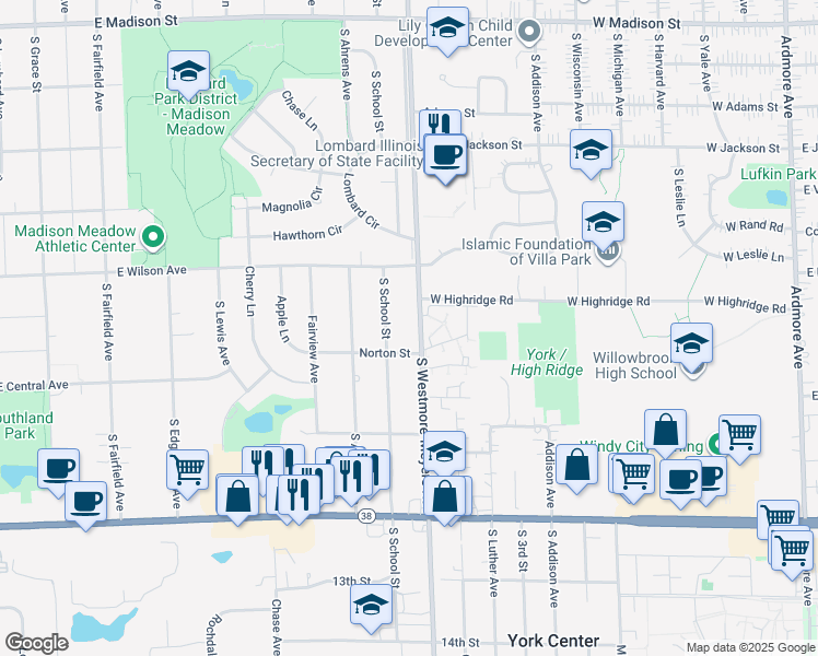map of restaurants, bars, coffee shops, grocery stores, and more near 1033 South Westmore-Meyers Road in Lombard