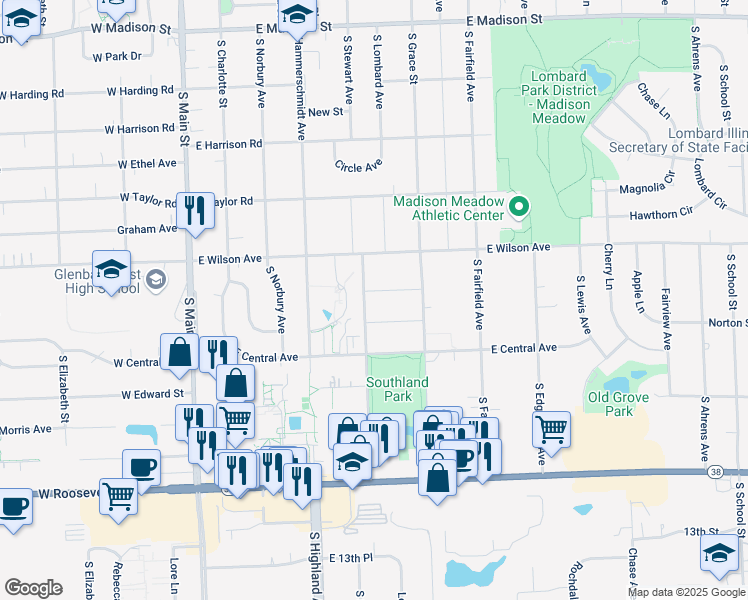 map of restaurants, bars, coffee shops, grocery stores, and more near 310 High Ridge Road in Lombard